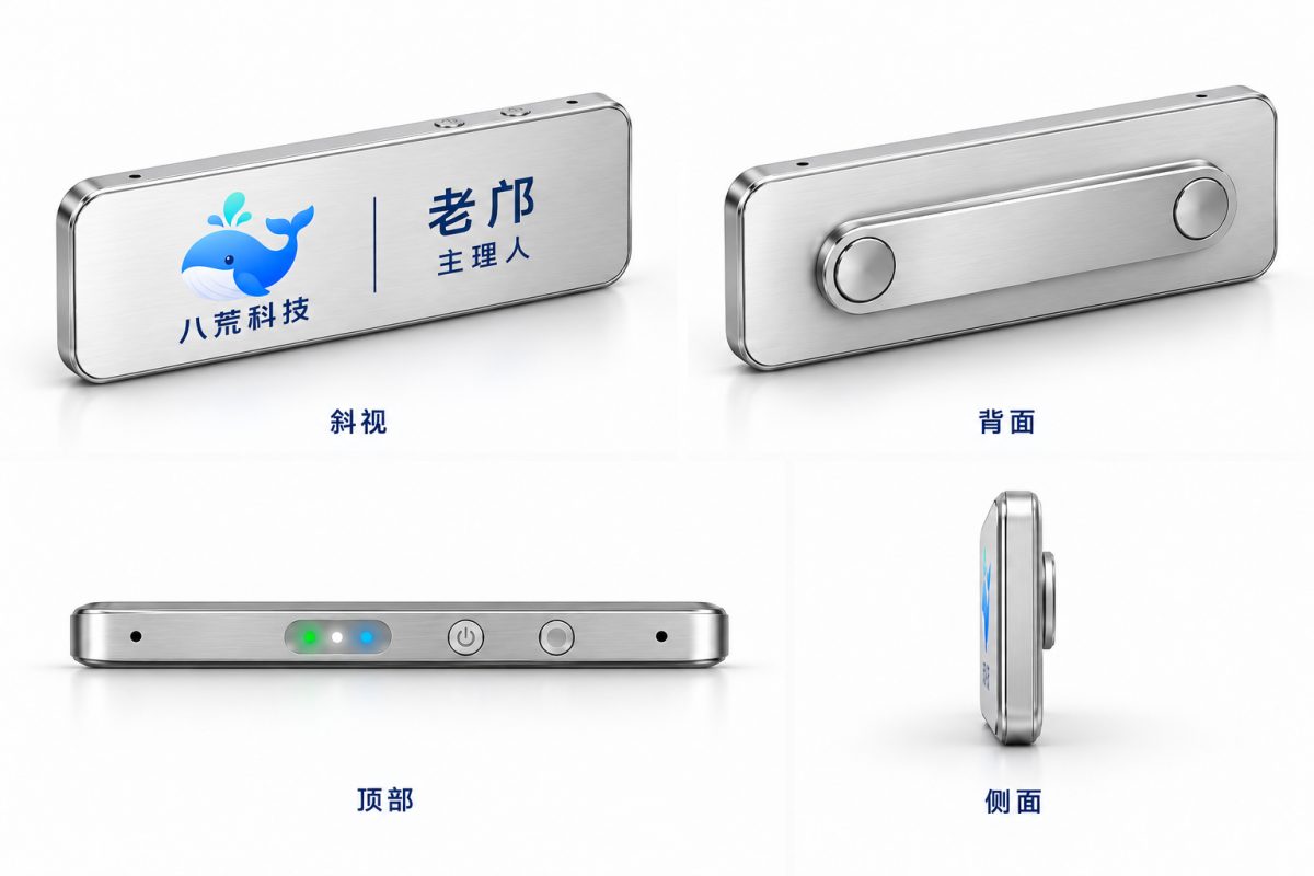 听鉴 AI 工牌金属胸牌外观图